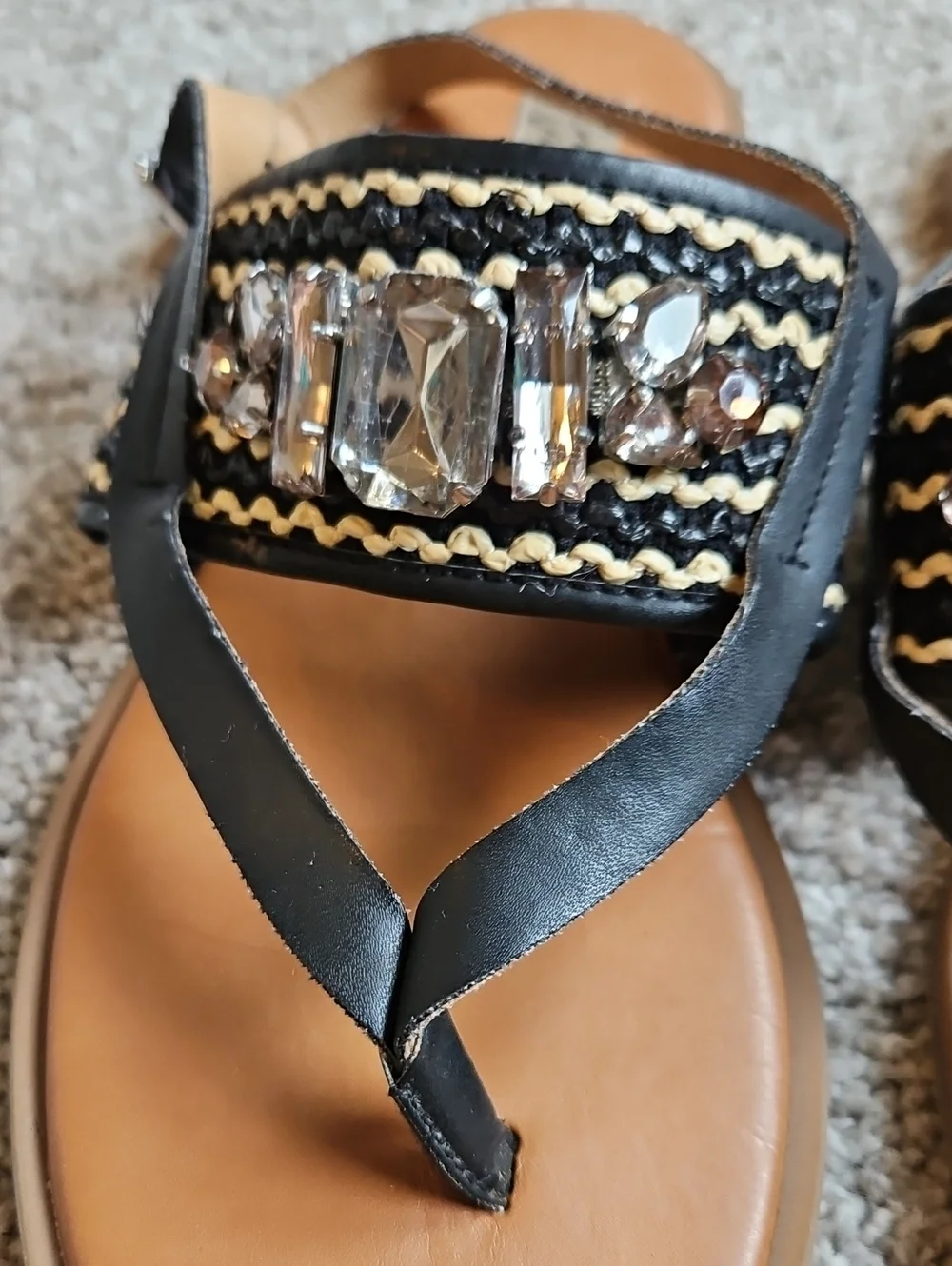 Crown Vintage Black and Tan Jeweled Thong Sandals